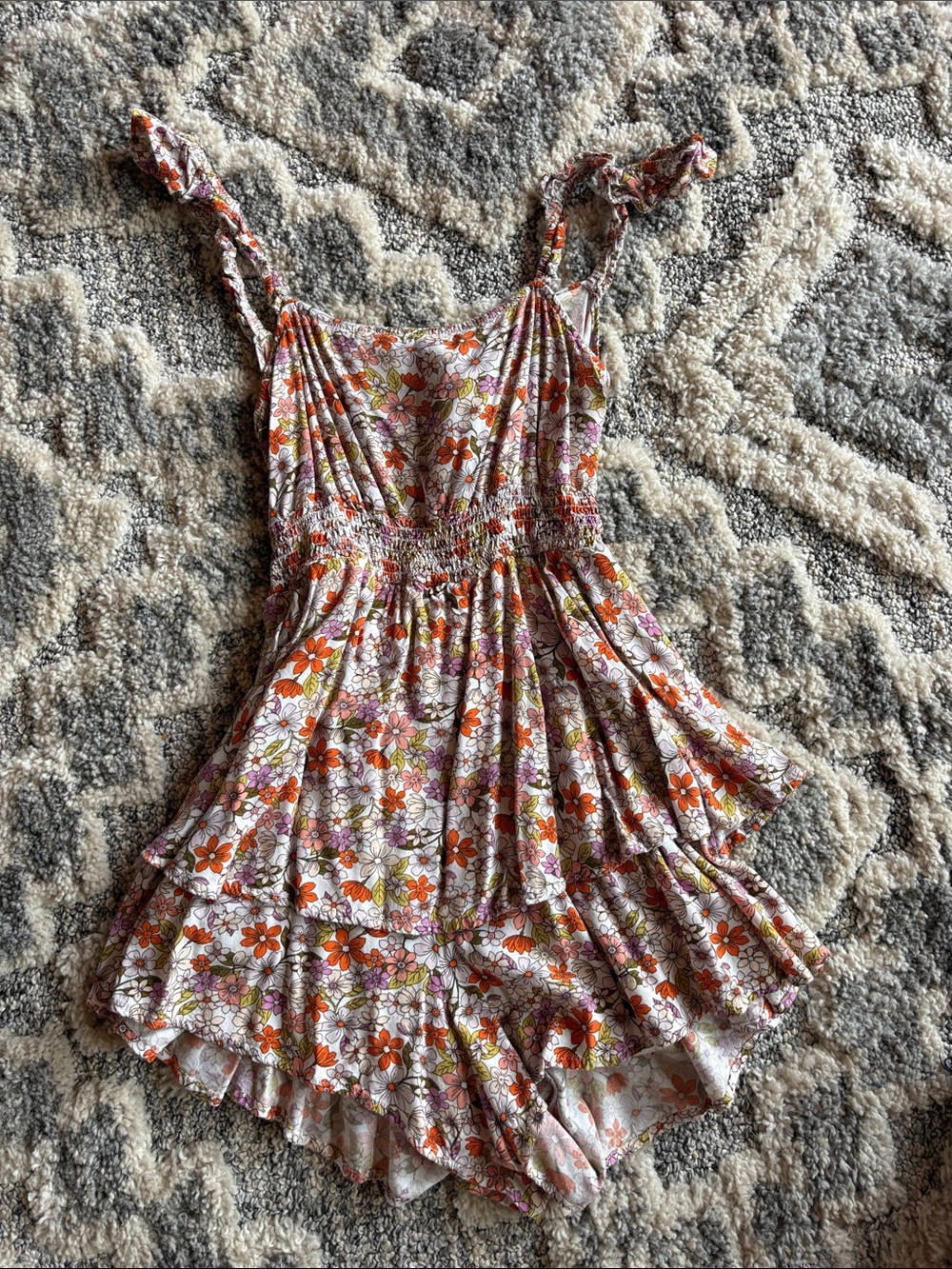 Floral Tiered Ruffle Romper in Orange & Pink